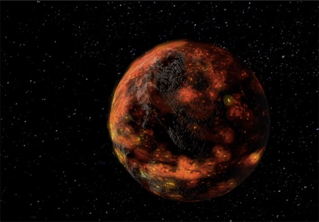 Künstlerische Darstellung des globalen Magmaozeans und ersten Gesteinskruste des noch jungen Mondes (Illu.). Copyright: NASA/Goddard Space Flight Center
