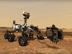 Künstlerische Darstellung des Rovers „Perserverance“ der NASA-Mission „Mars 2020“ bei der Entnahme von Boden- und Gesteinsproben (Illu.). Copyright: NASA