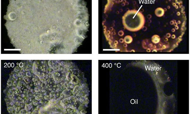 Das Analogon zur interstellaren organischen Substanz erzeugt bei steigender Erwärmungstemperatur Wassertropfen und Öl. Bei 102 °C war das Analogon der organischen Substanz einheitlich. Bei 350 °C waren Wassertropfen deutlich zu sehen. Bei 400 °C wurde offensichtlich Schwarzöl erzeugt. Copyright: Hideyuki Nakano et al., Wissenschaftliche Berichte, 8. Mai 2020