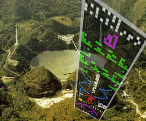 Die Arecibo-Botschaft (r.) vor dem Hintergrund der Antenne des Arecibo Observatory. Copyright: AO / grewi.de