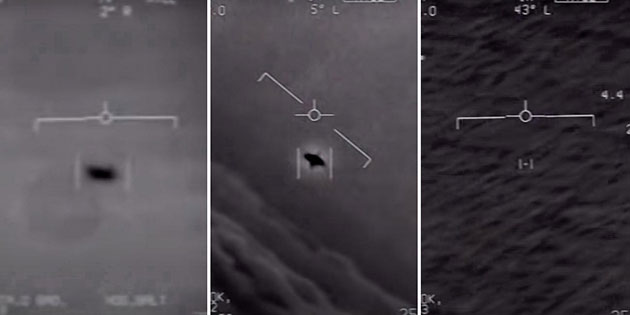 Standbilder aus drei vom US-Pentagon offiziell als solche bestätigte Aufnahmen der Bordkameras von Navy-Kampfjets, die unidentifizierte Phänomene im Luftraum zeigen. Quelle: US Pentagon