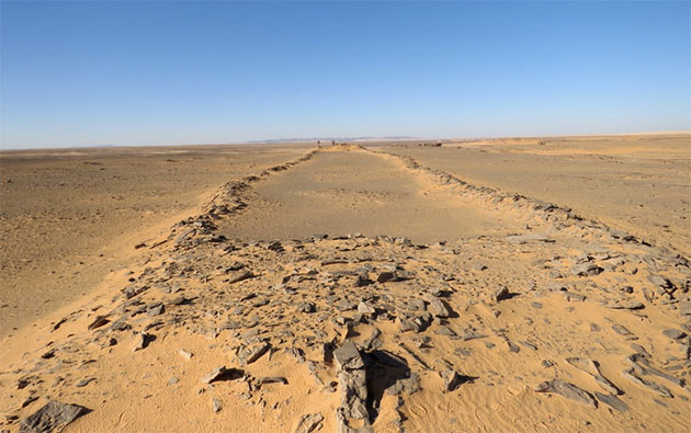 Blick entlang eines Mustatils in der saudi-arabischen Nefud-Wüste. Der Forscher am gegenüberliegenden Ende erlaubt in etwa einen Größenvergleich der Anlage. Copyright: Huw Groucutt