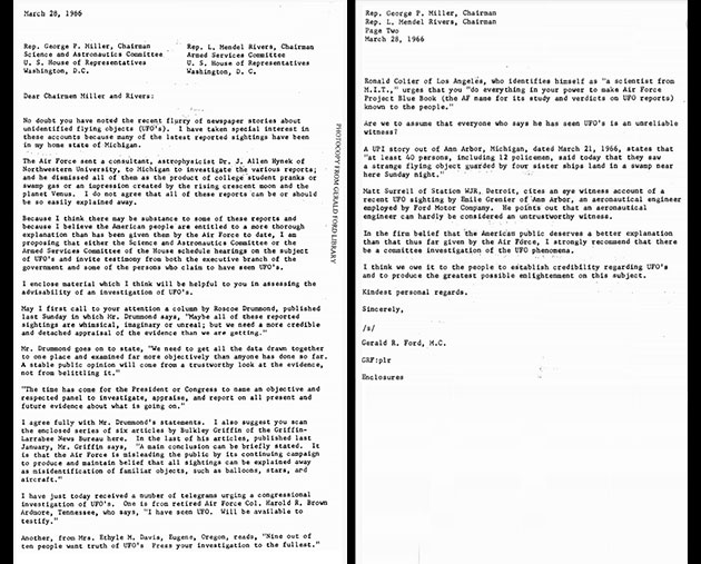 Der Originalbrief von Gerald Ford an die Vorsitzenden des Ausschusses für Wissenschaft und Astronautik und des Ausschusses für Streitkräfte. Quelle: Dokumente aus der Gerald Ford Presidential Library