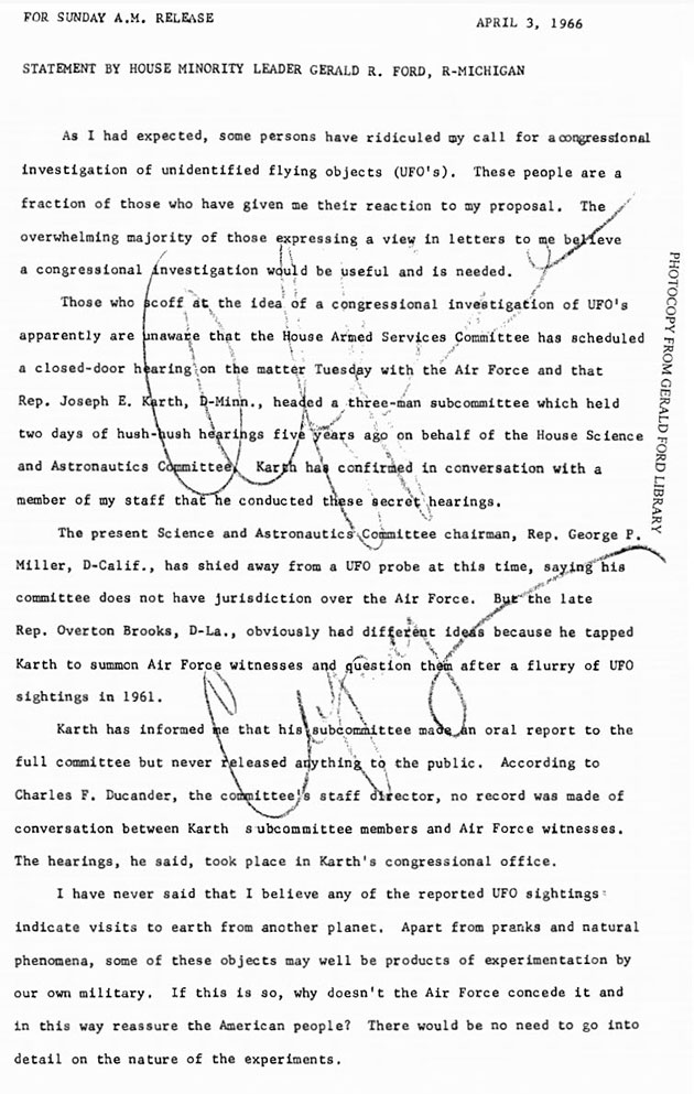 Erklärung von Gerald Ford vom 3. April 1966. Quelle: Gerald Ford Presidential Library.