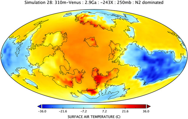 Die Visualisierung der “Simulation 28” zeigt, die Oberflächenlufttemperatur der Venus vor 2,9 Milliarden Jahren mit einer hypothetischen Atmosphäre von 0,25 Bar und einer erdähnlichen Topografie mit einem bis zu 310 Meter tiefen Ozean. Hierbei handelt es sich um die im Ergebnis erdähnlichste der insgesamt 45 durchgespielten Simulationen. Copyright/Quelle: M.J. Way and A.D. Del Genio, J. Geophys. Res. Planets.