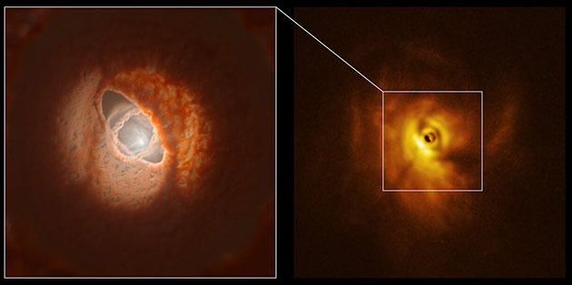 Der innere Ring von GW Orionis: Modell und SPHERE-Beobachtungen Copyright: ESO/L. Calçada, Exeter/Kraus et al.
