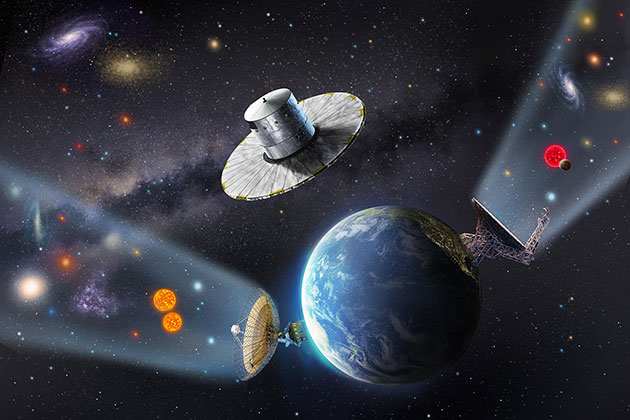 Künstlerische Darstellung zur Neuanalyse der bisherigen Breakthrough-Teleskop-Daten der Teleskope Green Bank und Parkes in Kombinationen mit dem Sternenkatalog der europäischen Mission „Gaia (Illu.). Copyright: Breakthrough Listen / Danielle Futselaar