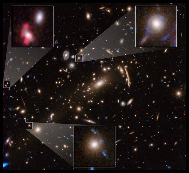 Beispiele der untersuchten Galaxienhaufen und ihrer Gravitationslinseneffekte. Copyright: NASA, ESA, G. Caminha (University of Groningen), M. Meneghetti  (Observatory of Astrophysics and Space Science of Bologna), P. Natarajan (Yale University), und the CLASH team