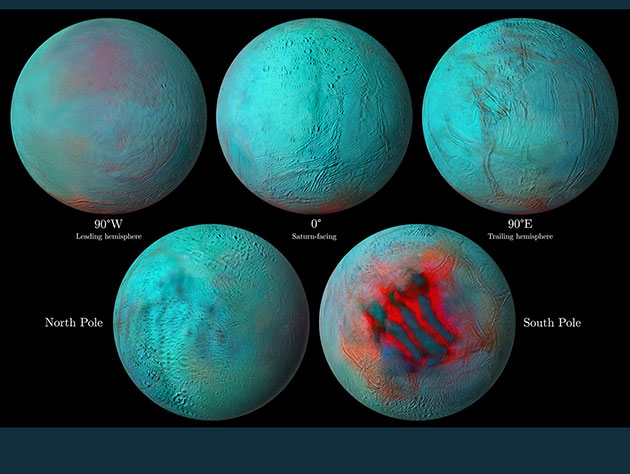 Infrarotaufnahmen der Cassini-Sonde zeigen frisches Eis als rötliche Färbung. Besonders intensiv ist diese am Südpol des Saturnmondes Enceladus in der Region der sog. “Tigerstreifen”, aber nun auch in der nördlichen Hemisphäre zu erkennen. Copyright: NASA/JPL-Caltech/University of Arizona/LPG/CNRS/University of Nantes/Space Science Institute