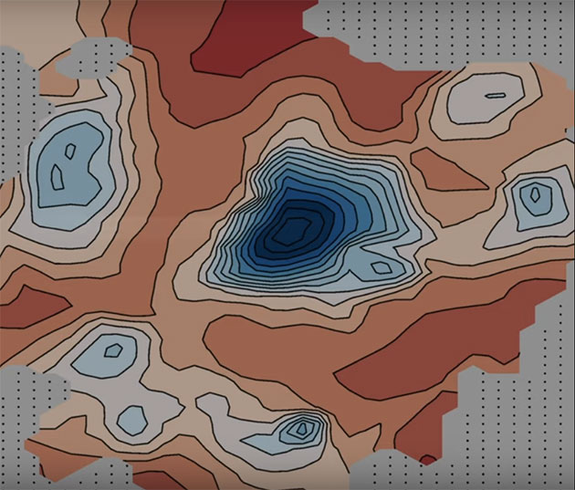 Karte der neu entdeckte Mars-Teiche und Seen, die sich um das bereits 2018 unter der Südpolkappe des Mars entdeckten verborgenen Gewässers gruppieren. Copyright/Quelle: ESA