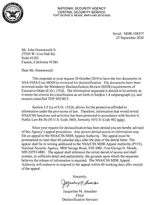 Das jüngste Antwortschreiben der NSA. Klicken Sie auf die Bildmitte, um zu einer vergrößerten und vollständigen Originalabbildung zu gelangen.