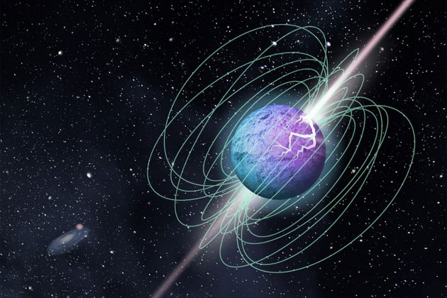 Künstlerische Darstellung des Ausbruchs eines Magnetars mit einer komplexen Magnetfeldstruktur und Strahlemission. Copyright: Grafikdesign-Team der McGill University