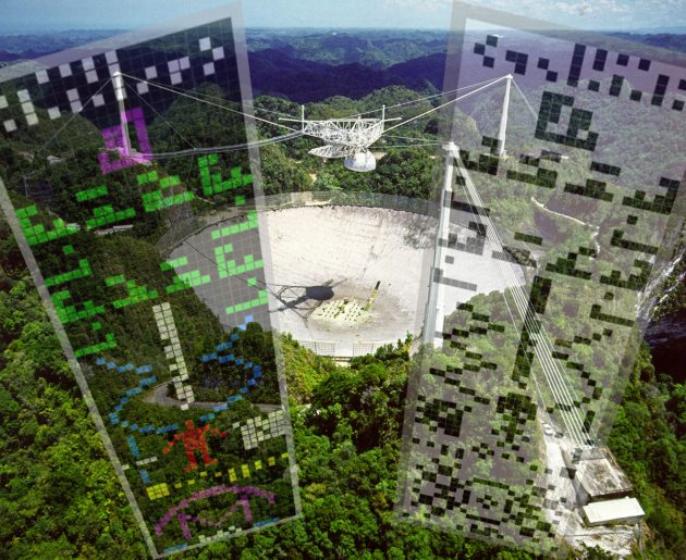 Symbolbild: Das Radioteleskop von Arecibo mitsamt der 1974 von hier aus gesendeten Botschaft an Außerirdische und einer Antwort als Kornkreis 2001 nahe Chilbolton. Copyright: NAIC - Arecibo Observatory, a facility of the NSF (Arecibo) / A.Mller für grenzwissenschaft-aktuell.de (Chilbolton)