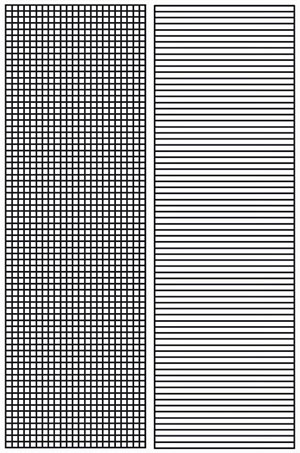 Die noch leere Rastervorlage für die "Arecibo-Botschaft" (l.), auf der eigentlich auch die "Antwort von Chilbolton" basieren sollte. In dieser (r.) fehlen jedoch die vertikalen Linien. Quelle: A. Müller