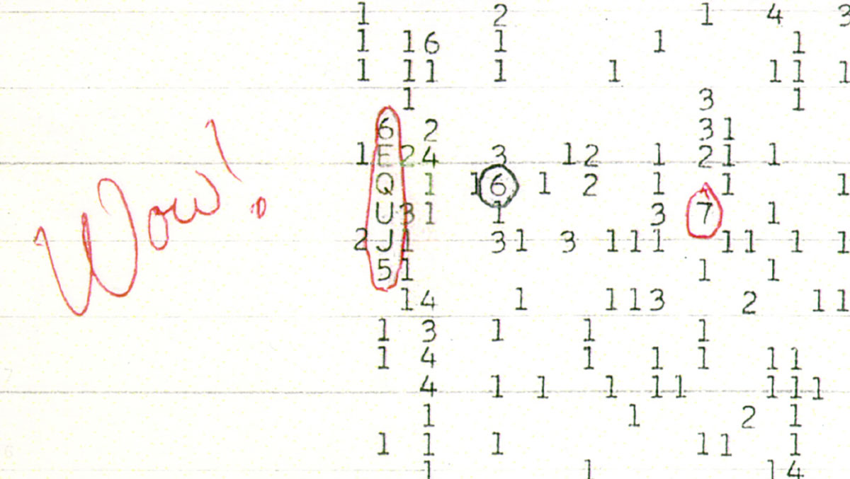 Der Datenausdruck des Astronoms Jerry R. Ehman mit dessen handschriftlicher und für das Signal namensgebender „WOW“-Notiz vom 15. August 1977. Copyright: Big Ear Radio Observatory and North American AstroPhysical Observatory (NAAPO)