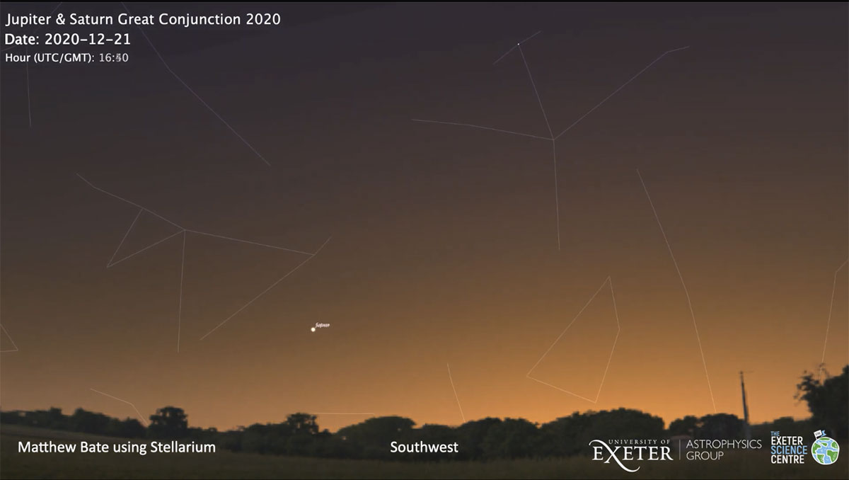 Simulation der Großen Konjunktion am 21. Dezember 2020 Copyright/Quelle: Stellarium, University of Exeter / CC BY 4.0