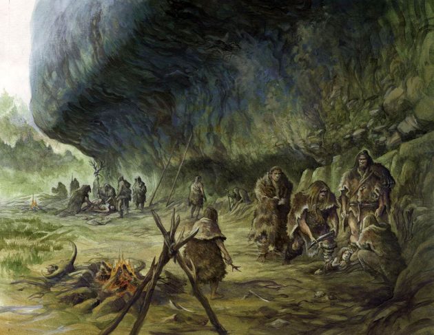 Rekonstruktion der Nutzung des natürlichen Felsüberhangs La Ferrassie durch eine Neandertaler-Gemeinschaft (Illu.). Copyright: Emmanuel Roudier