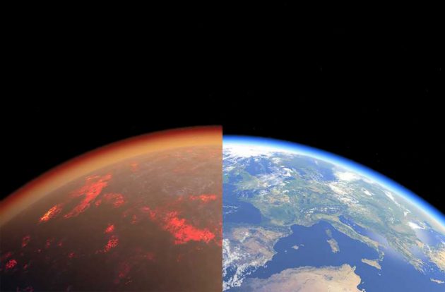 Eine künstlerische Darstellung der Erde vor 4,5 Milliarden Jahren und heute. Copyright: Tobias Stierli / NFS PlanetS