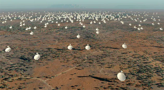 Künstlerische Darstellung de Square-Kilometre-Array (SKA). Copyright: SPDO/TDP/DRAO/Swinburne Astronomy Productions - SKA Project Development Office and Swinburne Astronomy Productions, CC BY-SA