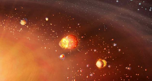 Künstlerische Darstellung der des frühen Sonnensystems, in dem sich die inneren Gesteinsplaneten früher formierten als die äußeren Gas- und Eisriesen (Illu.) Copyright: Mark A. Garlick markgarlick.com