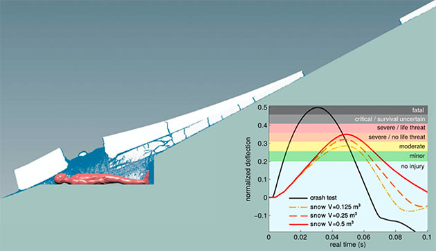 Simulation der Dynamik einer Schneebrettlawine und ihrer Auswirkungen auf den menschlichen Körper. Copyright: Gaume/Puzrin