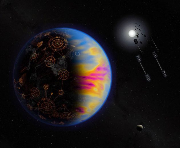 Künstlerische Darstellung eines von einer industriellen Zivilisation bevölkerten Exoplaneten. Die Farben sind übertrieben, um die industrielle Verschmutzung anzuzeigen, die sonst nicht sichtbar ist (Illu.). Copyright: NASA / Jay Freidlander