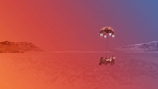 Künstlerische Darstellung der Landung des Mars-Rovers „Perseverance“ im Marskrater Jezero (Illu.). Copyright: NASA/JPL-Caltech