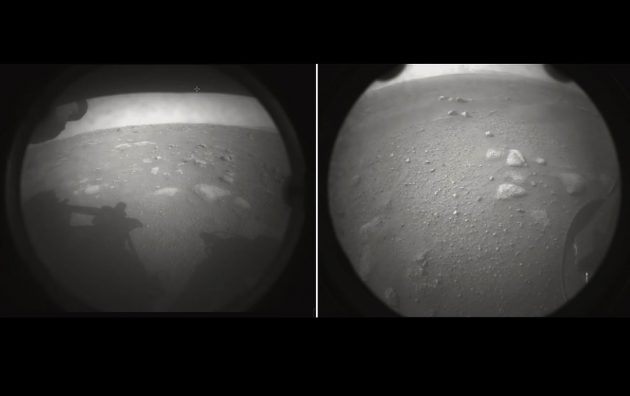 Die beiden ersten Aufnahmen vom Landeort des neusten Mars-Rovers. Copyright: NASA/JPL-Caltech