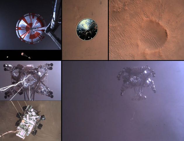 Verschiedene Ansichten zeigen Abstieg und Landung des neusten NASA-Mars-Rovers „Perseverance“ im Mars-Krater Jezero (Das vollständige Video finden Sie im folgenden Text). Copyright: NASA/JPL-Caltech