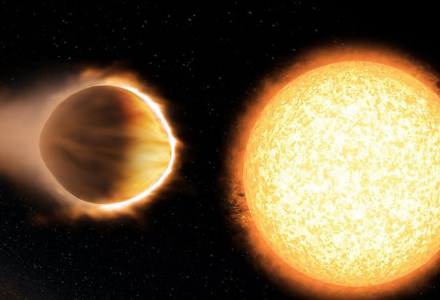 Künstlerische Darstellung eines seinem Stern nahen Felsplaneten mit einer dichten und wasserreichen Atmosphäre. Copyright: Engine House VFX, At-Bristol Science Centre, University of Exeter