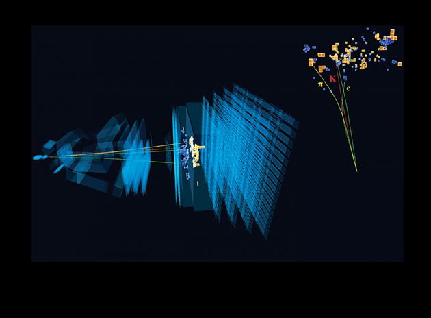 Sehr seltener Zerfall eines Beauty-Quarks unter Beteiligung eines Elektrons und Positrons, das mit dem LHCb-Detektor am LHC-Teilchenbeschleuniger am CERN beobachtet wurde. Copyright: CERN