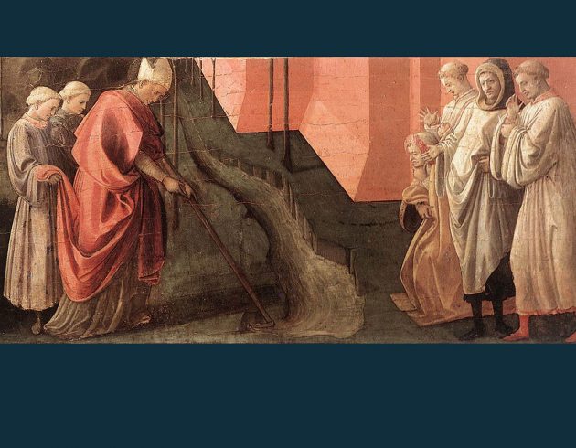 Auf diesem Gemälde vom Filippo Lippi lenkt der Heilige St. Fredianus den Fluss Serchio in ein neues Flussbett, so dass die Stadt Lucca nicht länger von Überschwemmungen bedroht ist. Copyright: Gemeinfrei (via WikimediaCommons)