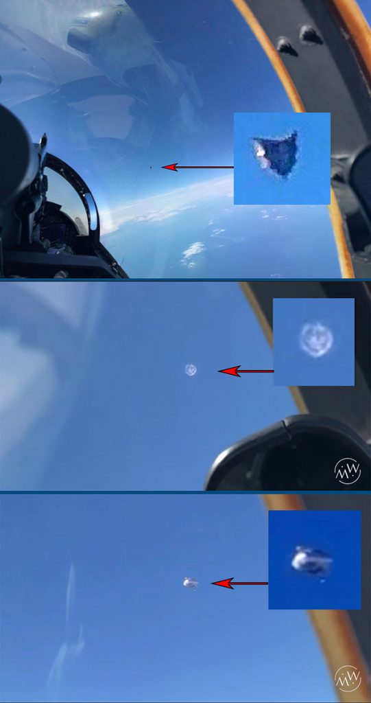 Die Bilderserie unbekannter Flugobjekte, die angeblich am 4. März 2019 von einem F-18 Weapons Systems Officer (WSO) vor der US-Ostküste von Virginia gemacht wurde. Copyright/Quellen: US Pentagon / MysteryWire.com