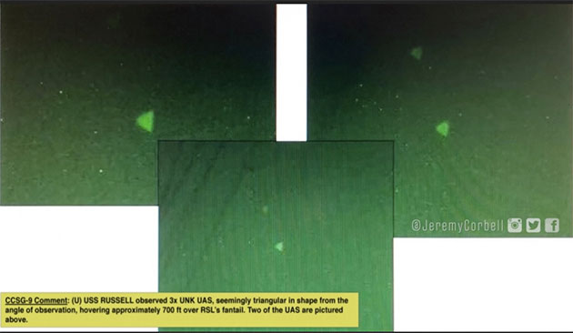 Standbilder aus einem Video unbekannter Flugobjekte, die laut Jeremy Corbell von der Besatzung der „USS Russell“ gefilmt wurden. Copyright/Quellen: US Pentagon / J. Corbell via ExtraordinaryBeliefs.com / MysteryWire.com