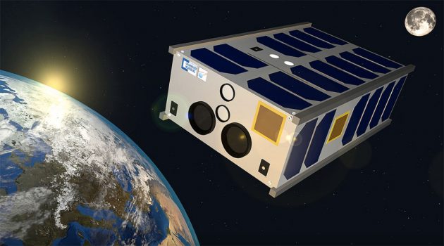 Grafische Darstellung des KI-gestützten Kleinsatelliten „SONATE-2“ im Orbit. Copyright/Quelle: Hakan Kayal / Universität Würzburg