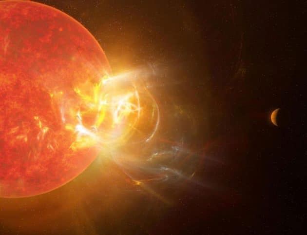 Künstlerische Darstellung eines gewaltigen, auf einen der dortigen Planeten ausgerichteten stellaren Strahlungsausbruchs des roten Zwergsterns Proxima Centauri. (Illu). Copyright: NRAO/S. Dagnello