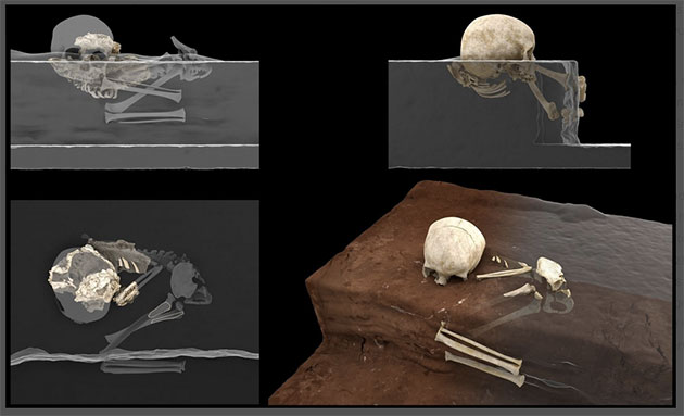 Virtuelle Rekonstruktion der Homininreste von Panga ya Saidi am Fundort (links) und Rekonstruktion der ursprünglichen Position des Kindes zum Zeitpunkt des Fundes (rechts) Copyright: Jorge González/Elena Santos