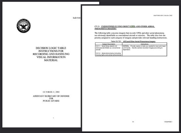 Titelblatt und „UFO-Auszug“ aus den “Decision Logic Table Instructions for Recording and Handling Visual Information Material” (DoD 5040.6-M-1) des US-Verteidigungsministeriums von 2020. Quelle/Copyright: TheBlackVault.com / US Gov.