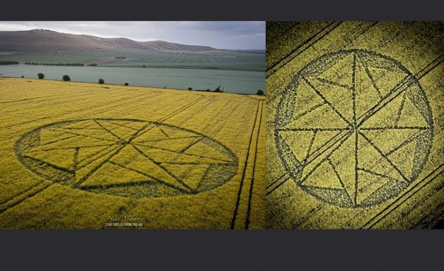 Luftbild der Kornkreis-Formation in einem Rapsfeld nahe Stanton St. Bernard in Wiltshire. Copyright: Hugh Newman, Crop Circles From The Air