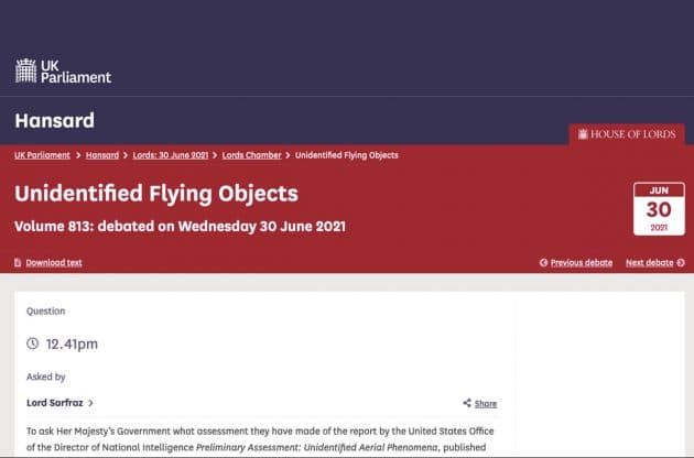 Screenshot des Hansard-Transkripts der UFO-Debatte im britischen Oberhaus. Copyright/Quelle: hansard.parliament.uk