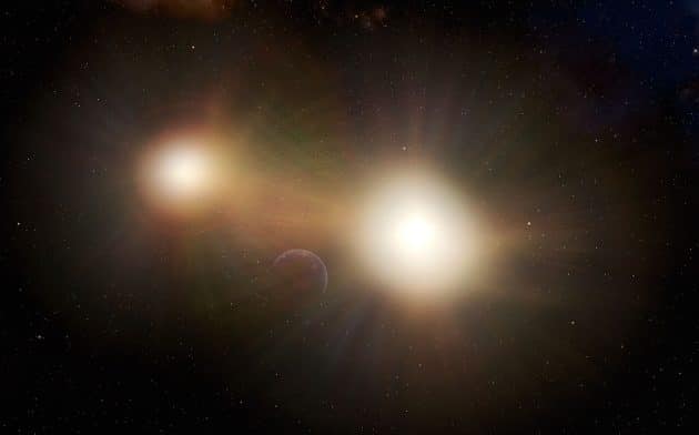 Künstlerische Darstellung eines erdartigen Planeten in einem Doppelsternsystem (Illu.). Copyright: International Gemini Observatory/NOIRLab/NSF/AURA/J. da Silva (Spaceengine)