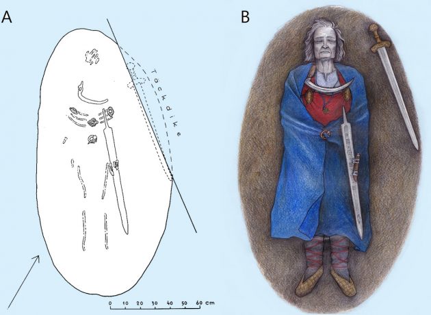 Grafische Rekonstruktion des Grabfundes (A) von Suontaka und der „Frau mit Schwert“ (B). Copyright: Finnish Heritage Agency (Fund)/ Veronika Paschenko (Illu.).