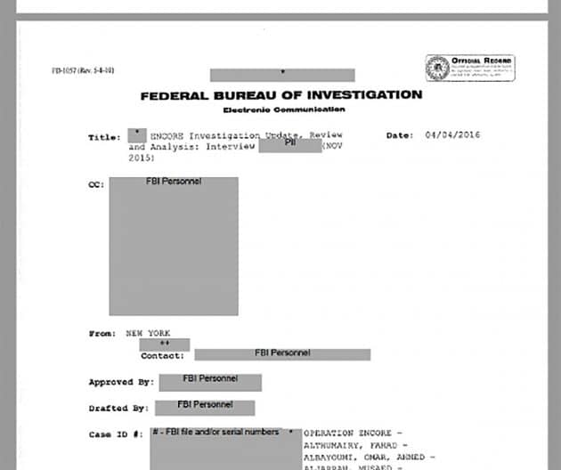 Die erste Seite des 9/11-Memos des FBI. Copyright: US Gov. / FBI