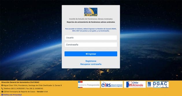 Registrierungsseite zum Meldebogen der CEFAA zu Sichtungen anomaler Luftphänomene in Chile. Copyright: CEFAA