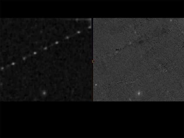 So könnte das wiederholte Aufblitzen eines außerirdischen Artefakts auf einer geosynchronen Umlaufbahn aussehen. Allerdings handelt es sich hier um Aufnahmen von 1980 und somit mit größter Wahrscheinlichkeit die Reflexion eines Objekts irdischer Herkunft. Copyright/Quelle: Villarroel et al. 2021, ArXiv.org
