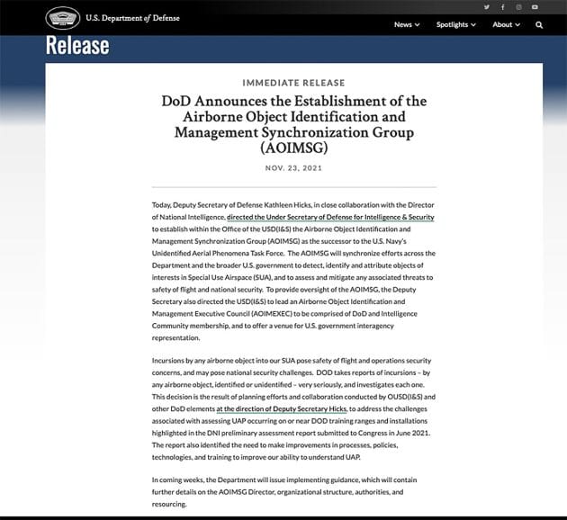 Die Pressemitteilung des US-Verteidigungsministeriums zur Umstrukturierung der ehemaligen UAPTF zur AOIMSG Copyright: US Dept. Of Defense / US Gov.