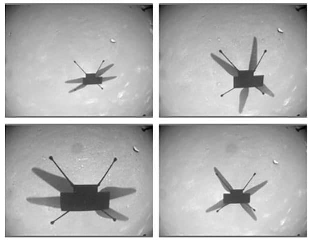 Nach der Landung ist ein deutlich gezeichneter Kreis-Fleck neben dem Schatten des Helis zu erkennen. Handelt es sich hierbei auch um die Quelle des „Schattens“ der den Rover zuvor zu umfliegen scheint? Copyright: NASA
