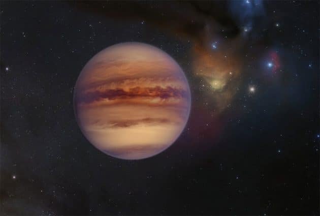 Künstlerische Darstellung eines jener Einzelgänger-Planeten, die aktuell im Rho-Ophiuchi-Molekülwolkenkomplex entdeckt wurde (Illu.). Copyright: ESO/M. Kornmesser