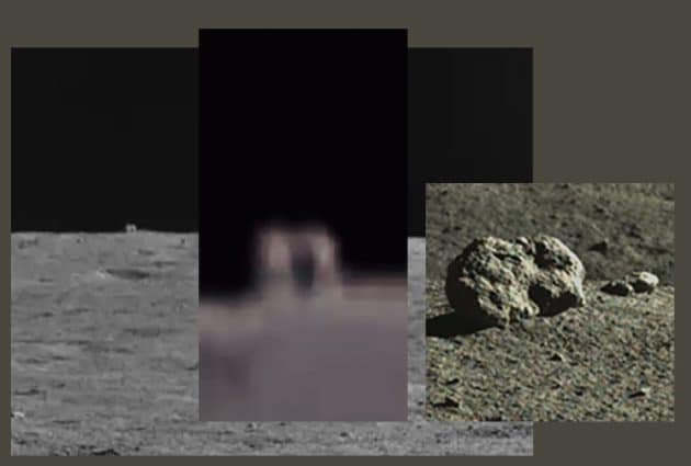 Was aus der Ferne, bei geringer Auflösung und aus einem „richtigen“ Winkel aufgenommen noch als großer Würfel erscheint, entpuppt sich vor Ort als erstaunlich kleiner Felsbrocken an einem Kraterrand. Copyright: CNSA