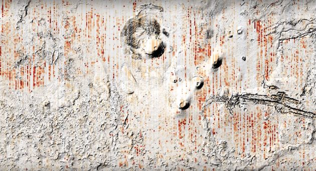 Detailansicht der Radardaten-Simuation eines von einer rund 1,6 Kilometer dicken globalen Eiskappe bedeckten Mars. Copyright: Cyril Grima